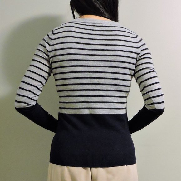 Club Monaco Gray & Dark Blue Striped V-Neck Wool Sweater, Size S - Picture 7 of 12